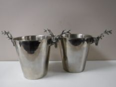 A pair of plated ice buckets with stags head handles
