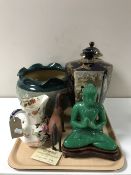 A tray containing a Royal Doulton Lambeth planter, Japanese gilded vase,