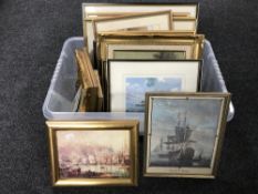A box of assorted framed pictures and prints, oils on canvas,