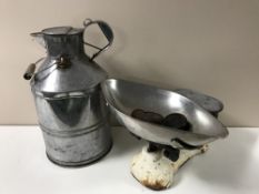 A chrome churn and set of vintage Avery scales with weights