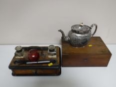 A Victorian brass bound desk stand and a walnut writing box, assorted cutlery, plated teapot,