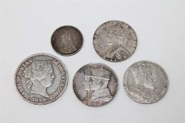A silver 20 Reales 1859, together with four Victorian and later silver coins.