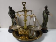 Two spelter figures on wooden bases, miniature copper kettle, brass charger,