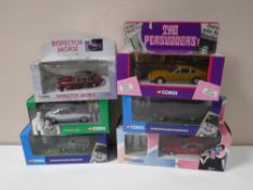 Six boxed Corgi die cast vehicles relating to TV including Heartbeat, The Avengers,