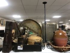 A vintage luggage case and a box of brass charger, brass framed mirror, copper coal bucket,