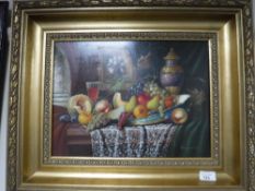 J. Karoly Reinprecht, still life of fruit and porcelain vases, oil on board, signed, 38cm by 28cm.