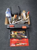 A box of assorted hand tools, Kinzo planer,