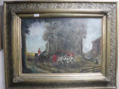 Twentieth Century School : Huntsmen with hounds in a clearing, oil on canvas, 52 cm by 74 cm.