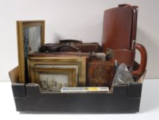 A box of leather cases, boxed Airfix kit, trinket box, chess pieces, gilt framed oil on canvas,