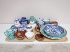 Two trays of Chinese ginger jars, fingers bowls, Japanese blue and white bowl depicting a peacock,