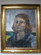 Liz Tyler (British Contemporary), self portrait, oil on board,39cm by 50cm.