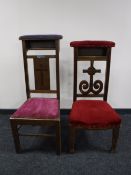 Two oak church prayer chairs