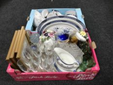 Two boxes containing a Noritake Prescott dinner service, part tea set, blue and white ashettes,