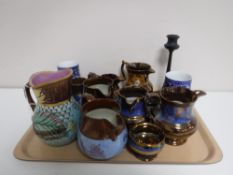A tray of English Majolica water jug, antique copper lustre ware etc.