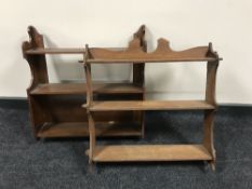 A set of early 20th century mahogany wall shelves together with a set of oak wall shelves