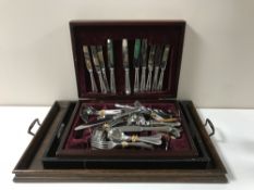 An oak twin handled serving tray together with a leather serving tray and a canteen of stainless