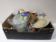 A box of Art Deco pottery comport, glass punch bowl, prints,