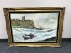 M. G. Turnbull : Rough seas at Tynemouth Priory, oil on canvas, 75 cm x 49 cm, framed.