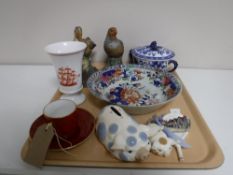 A tray of two Kowa porcelain bird figures, Spode vase,