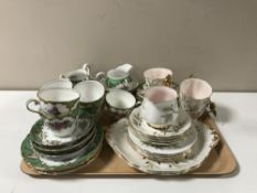 Two trays containing part Aynsley and Royal Albert tea sets, ship's decanter,