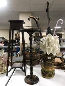 A Victorian inlaid mahogany plant stand, wine table,