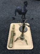A brass telescope on stand and a cockerel weather vane CONDITION REPORT: Telescope