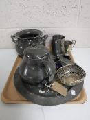 A tray of antique pewter and plated ware