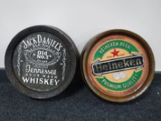 Two contemporary beer barrel top advertising plaques;