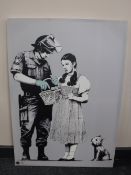 Six wall canvases after Banksy together with a Spiderman wall canvas,