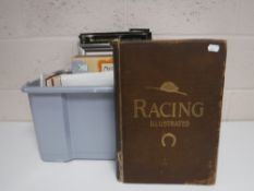 Two boxes containing assorted framed racing prints, unframed oils on canvas, records,
