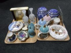 Two trays containing Ringtons castle and cathedral caddies, three Sadler teapots,