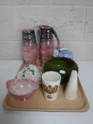 A tray containing a Bretby green glazed planter together with seven pieces of Maling china