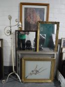 A gilt framed hall mirror together with a mahogany framed hall mirror, gilt framed needlework,