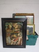 A large collection of assorted pictures and prints including a framed oil on canvas still life by