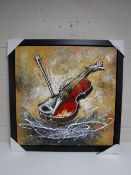 Two framed oil relief panels depicting a saxophone and a violin with bow