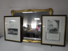 A gilt framed bevelled edge mirror together with two oak framed car advertisements;