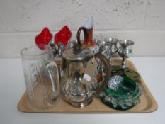 A tray containing plated goblets, horse brasses, antique glassware,