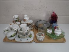 Two trays containing an antique china tea service, Colclough tea service, assorted glassware,