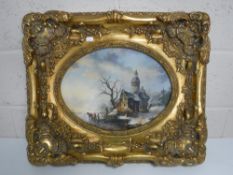 Continental school : A Winter Landscape With Ruin Beyond, oil on panel, indistinctly signed,