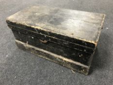 An antique pine joiner's toolbox containing assorted hand tools