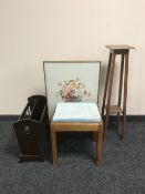 A folding mahogany tapestry screen table together with an oak plant stand,