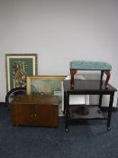 A mahogany two tier turnover top trolley together with an upholstered footstool,