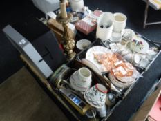 A pallet containing five crates of assorted china and collectibles including table lamps,