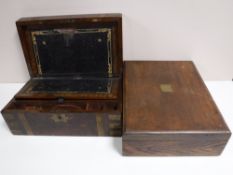 A Victorian rosewood brass bound writing box together with a Victorian oak cutlery box