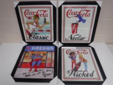 Three contemporary framed Coca Cola advertising prints together with a Greggs print