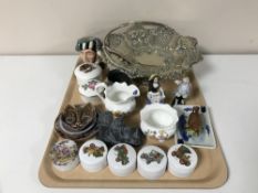 A tray containing an early 20th century plated comport, china lidded pill boxes,