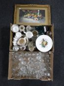 Two boxes of assorted china and glassware together with a gilt framed watercolour still life
