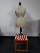 An oak rush seated stool together with a continental oak style side cabinet fitted a drawer and a