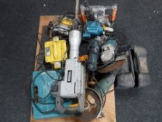 A large quantity of power tools including a 110 volt transformer, Makita 240 volt jigsaw in box,