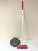 A large 19th century Scottish curling stone with handle and competition curling brush,